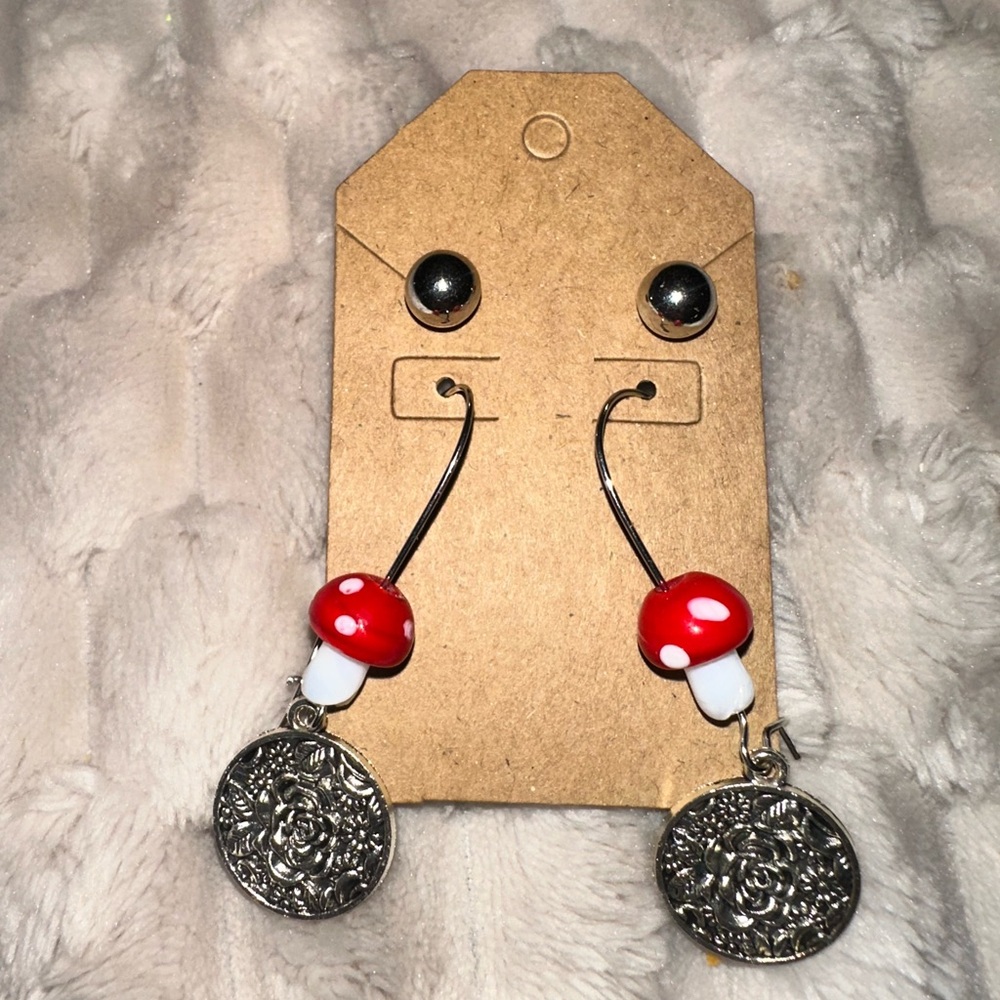 Red and Silver Mushroom Dangle Earrings